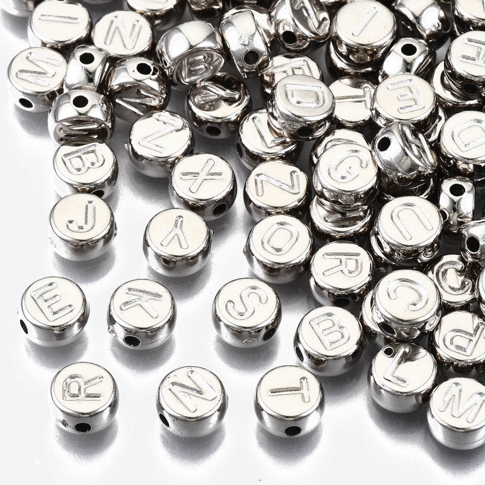 Silver alphabet bead, platinum acrylic, imprint letter Round 7mm bead platinum tone dark silver lightweight bead (no letter color print)