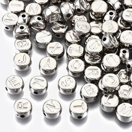 Silver alphabet bead, platinum acrylic,  imprint letter Round 7mm bead platinum tone dark silver lightweight bead (no letter color print)