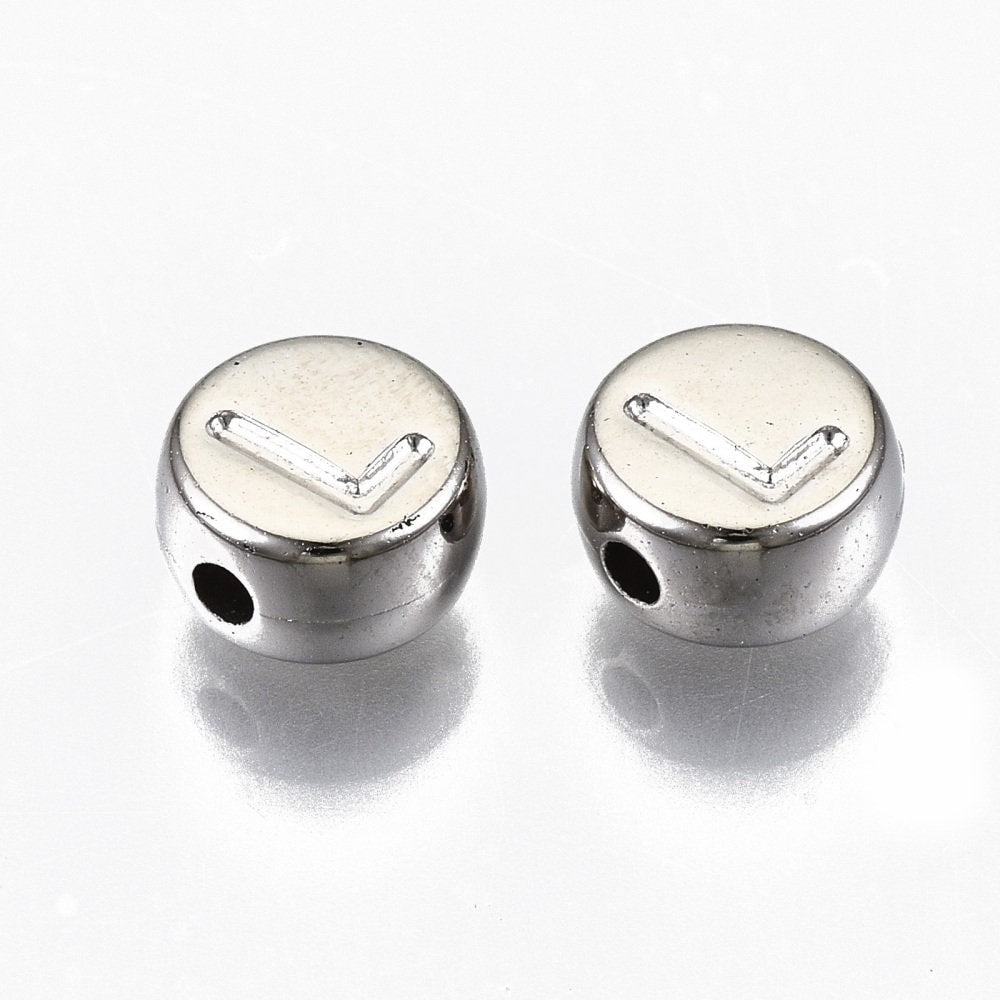 Silver alphabet bead, platinum acrylic, imprint letter Round 7mm bead platinum tone dark silver lightweight bead (no letter color print)