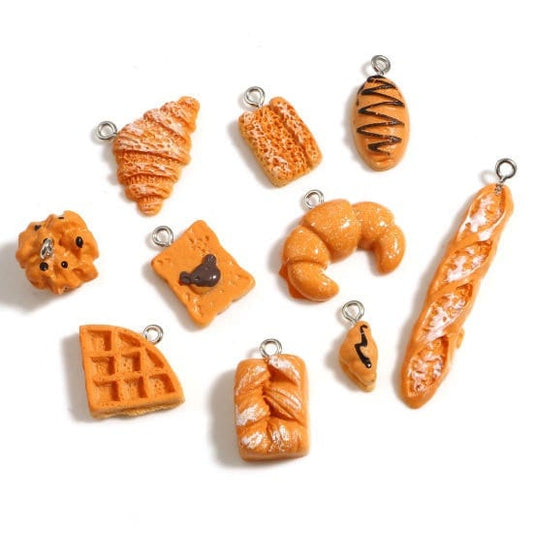 Croissant and pastry resin charm set of 10 one of each shown 3D charm lot for pendants with bail attached