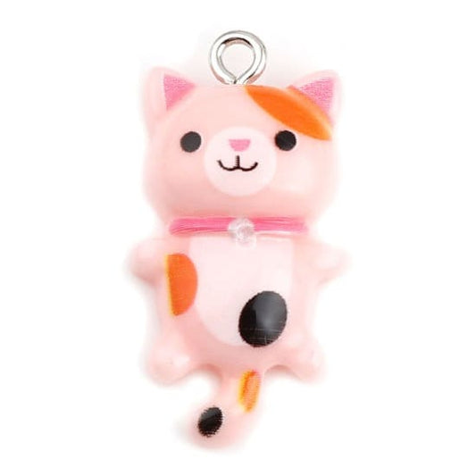 Pink Cat pendant charm, resin  cat with flat back, spotted cat with smiling face