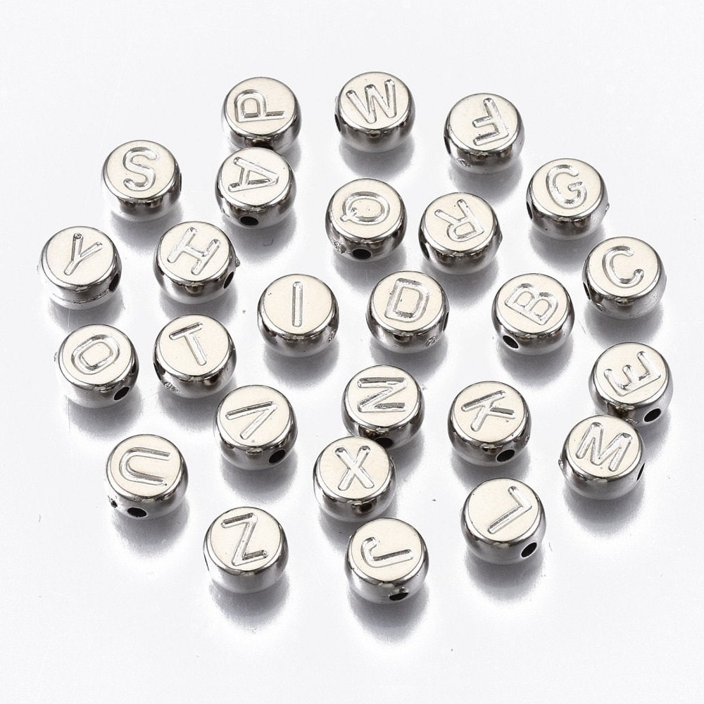 Silver alphabet bead, platinum acrylic, imprint letter Round 7mm bead platinum tone dark silver lightweight bead (no letter color print)