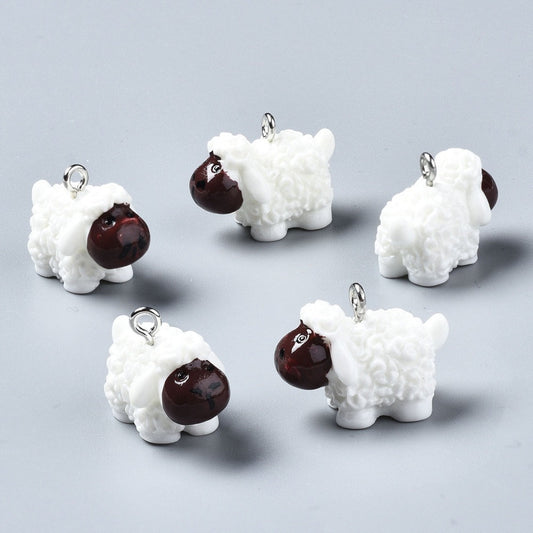 White sheep charm resin pendant charm farm sheep flat bottom 3D charm white sheep with brown faces