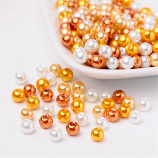 Gold theme Glass pearl  beads, 6mm pearlized glass beads, gold white and caramel pearl shades colored beads