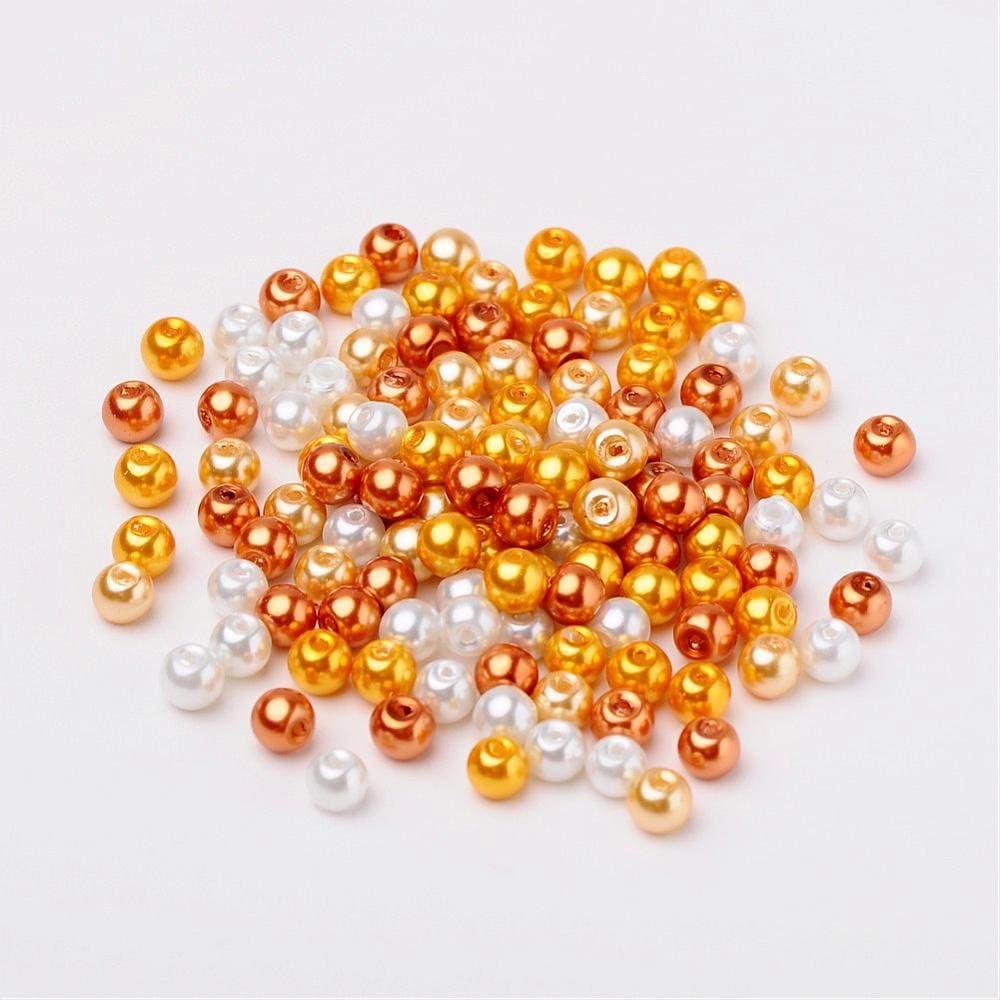 Gold theme Glass pearl beads, 6mm pearlized glass beads, gold white and caramel pearl shades colored beads