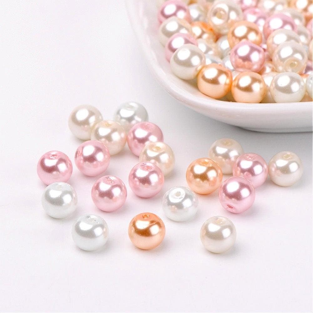 Pastel Glass pearl beads, 8mm pearlized glass beads pale pink white cream peach variety mix of shades mix colored beads