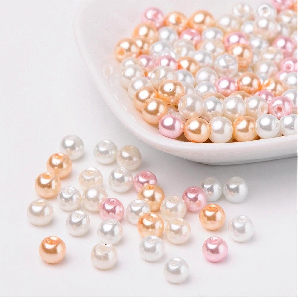 Pastel Pearl Glass pearl beads, 6mm pearlized glass beads faux pearl mixed shades of pastels pinks and peaches