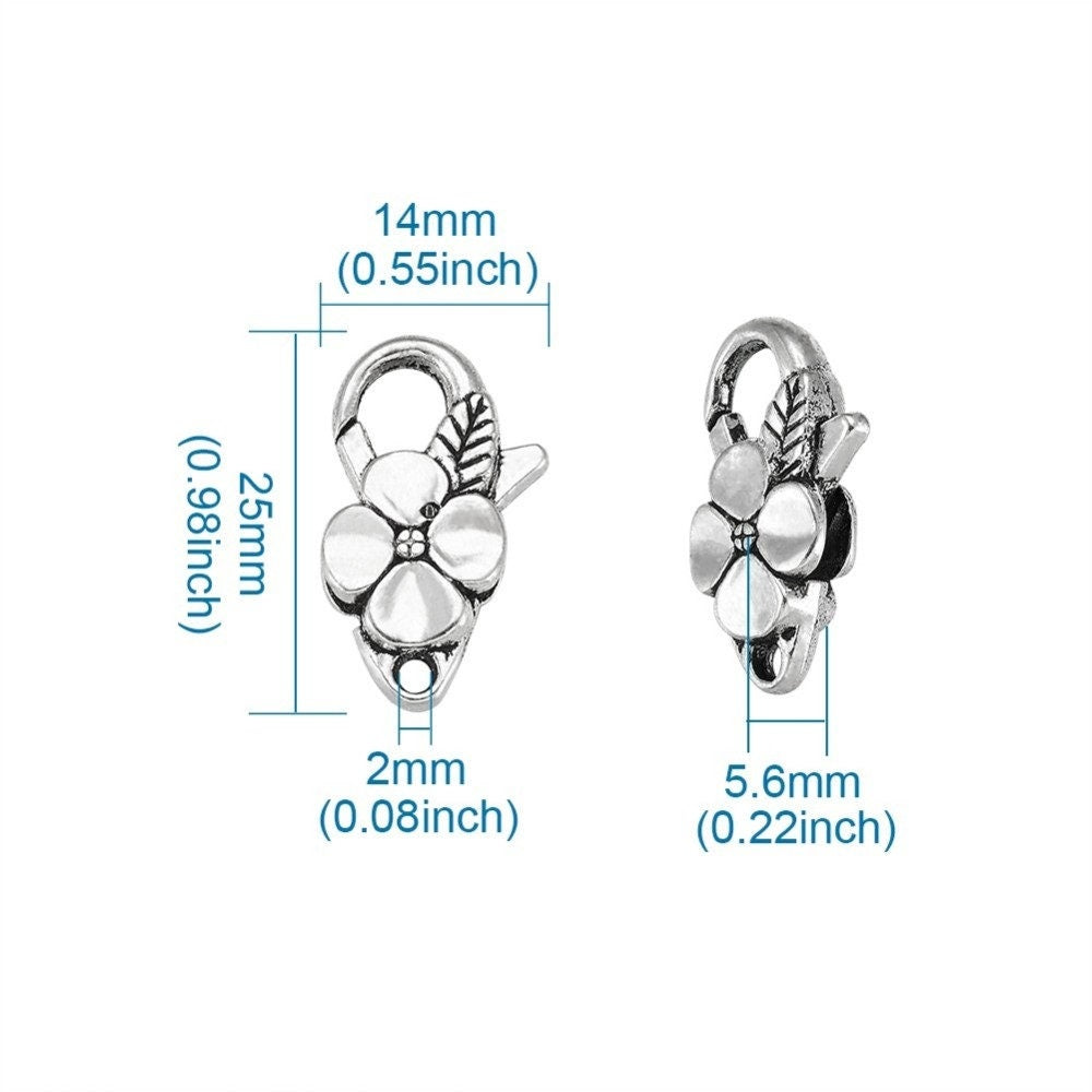Silver Flower Lobster Clasp Flower Clasps Silver Bracelet pendant clip connector clasp large clasp with leaf