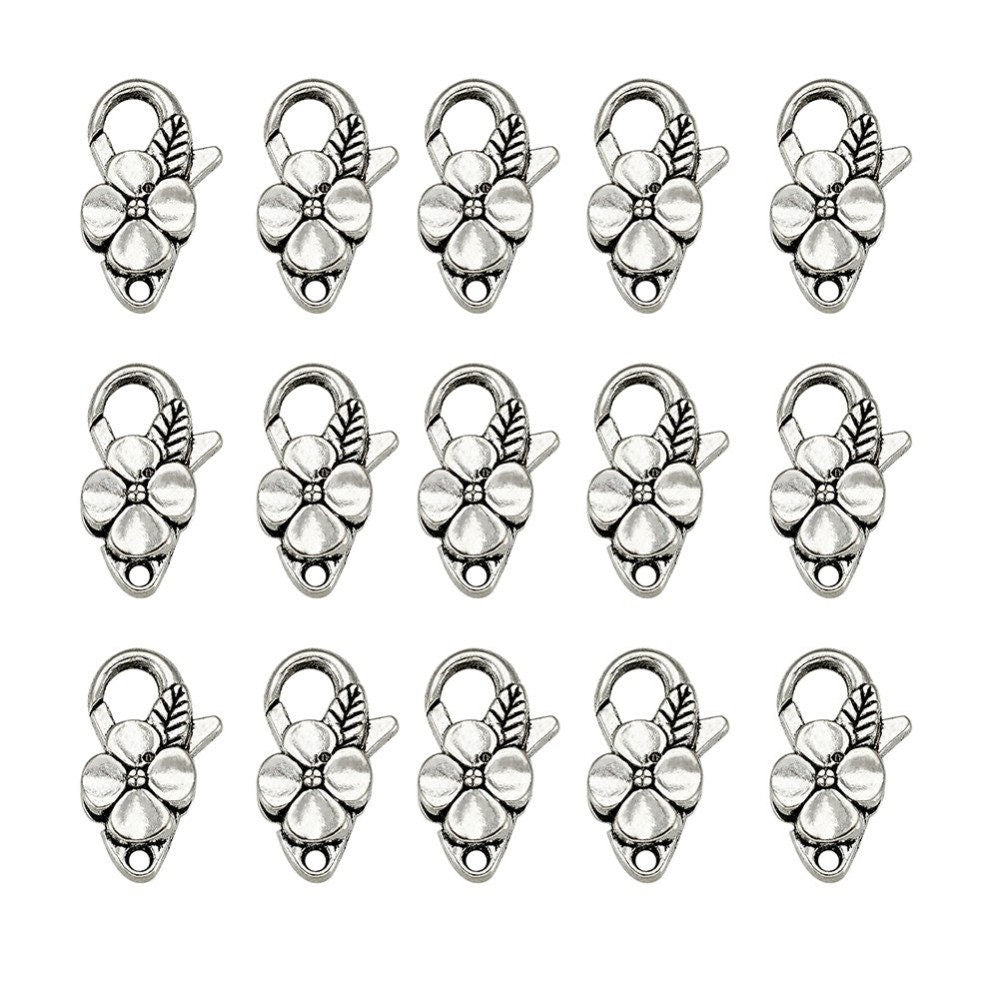 Silver Flower Lobster Clasp Flower Clasps Silver Bracelet pendant clip connector clasp large clasp with leaf