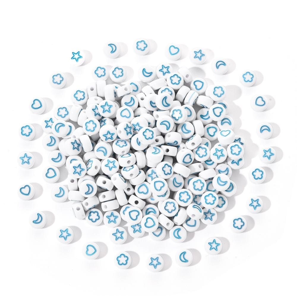 Galaxy beads, moon and star bead mix, white and blue 7mm acrylic beads, fits 7mm alphabet beads