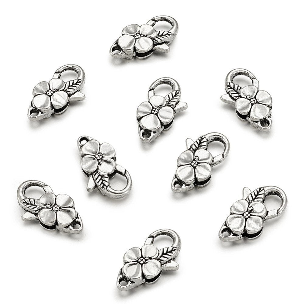 Silver Flower Lobster Clasp Flower Clasps Silver Bracelet pendant clip connector clasp large clasp with leaf