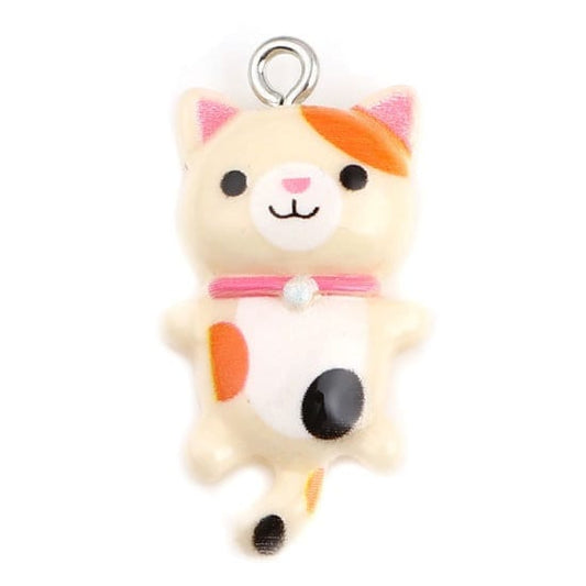 Large Cat pendant charm, resin  cat with flat back, cream cat with orange and pink  spotted cat with smiling face