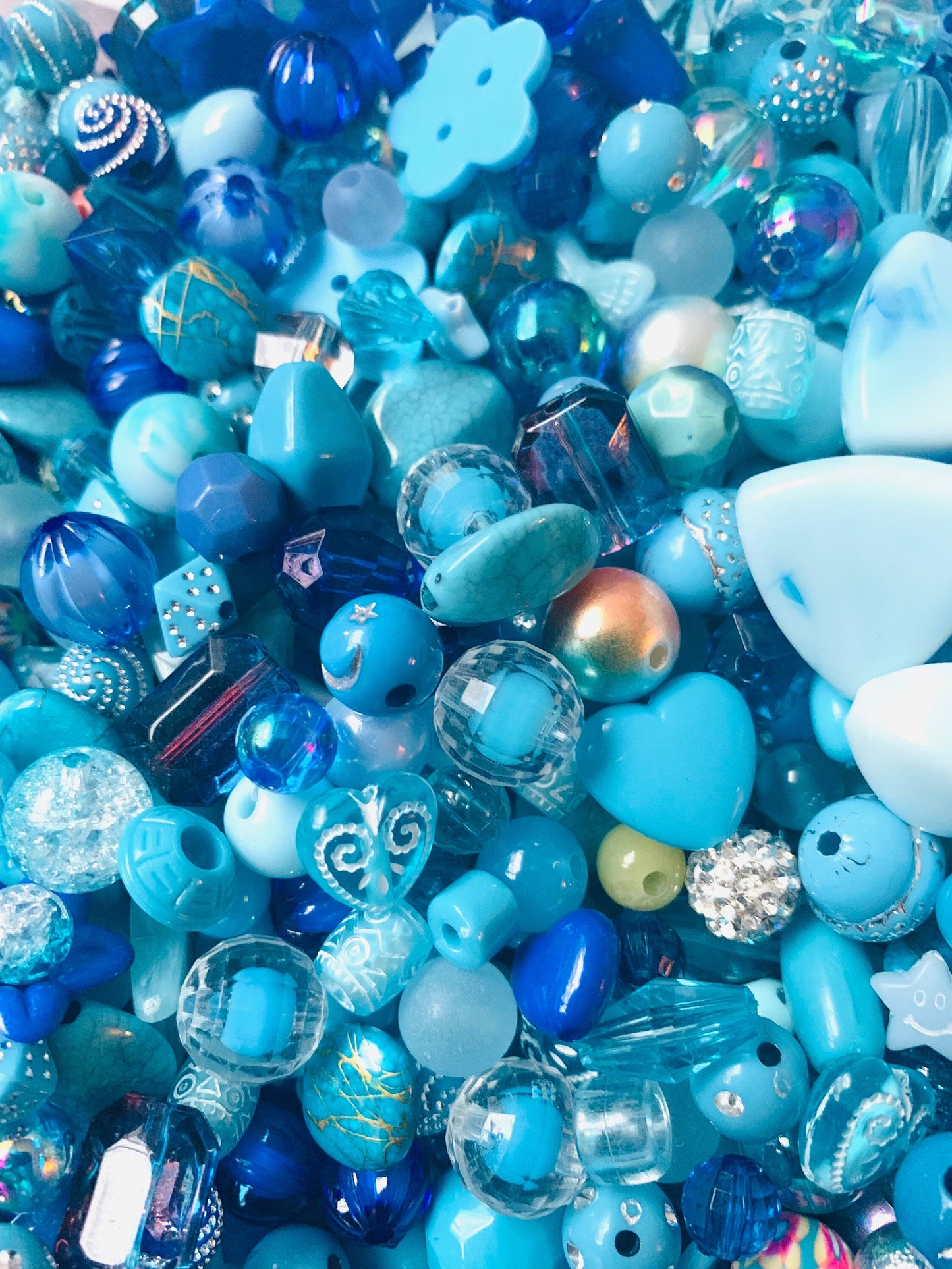 Blue bulk bead mix, acrylic bead soup, assorted pale blue and dark blue beads in assorted sizes and styles