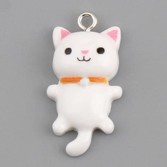 White Cat pendant charm, resin  cat with flat back, pink ear cat with smiling face