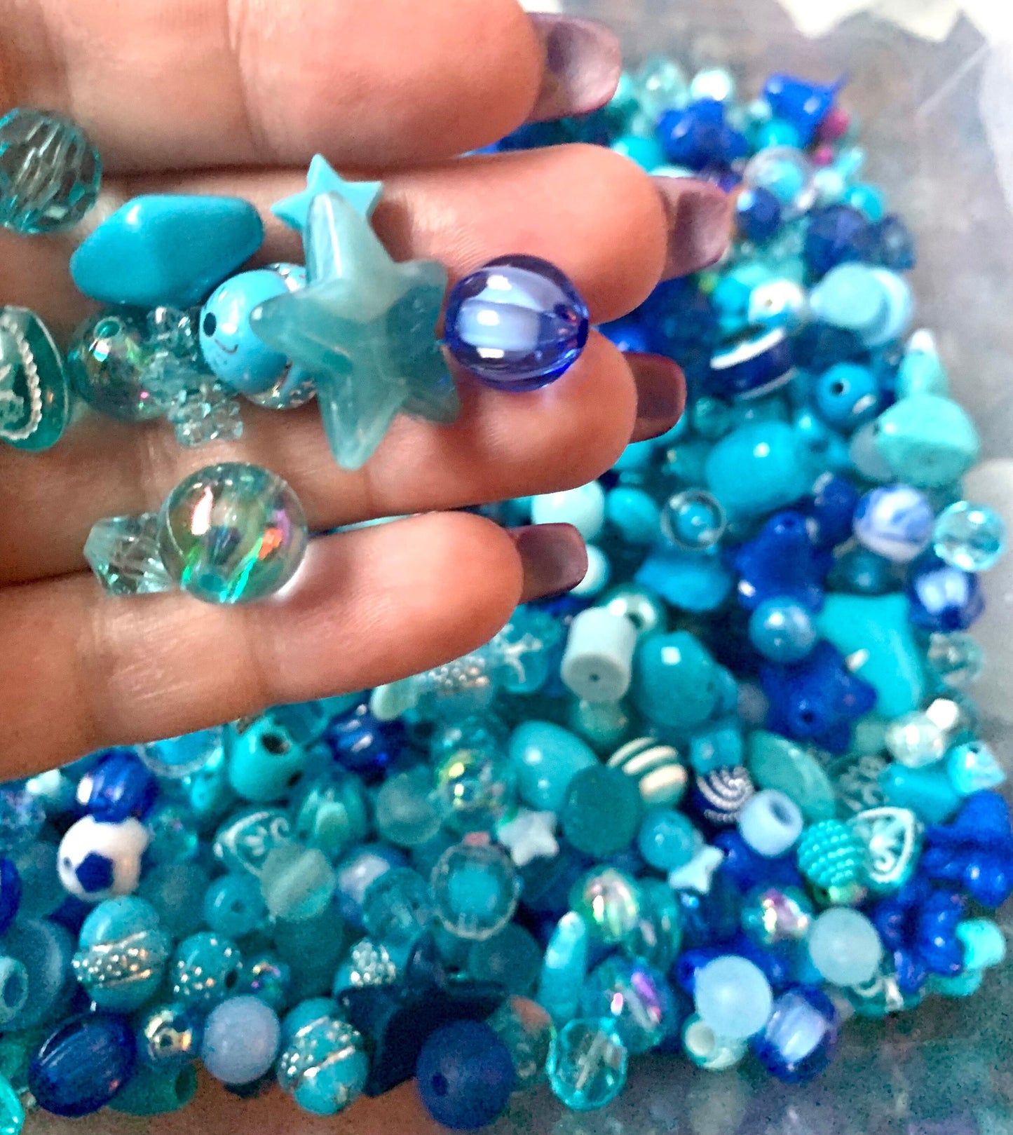Blue bulk bead mix, acrylic bead soup, assorted pale blue and dark blue beads in assorted sizes and styles