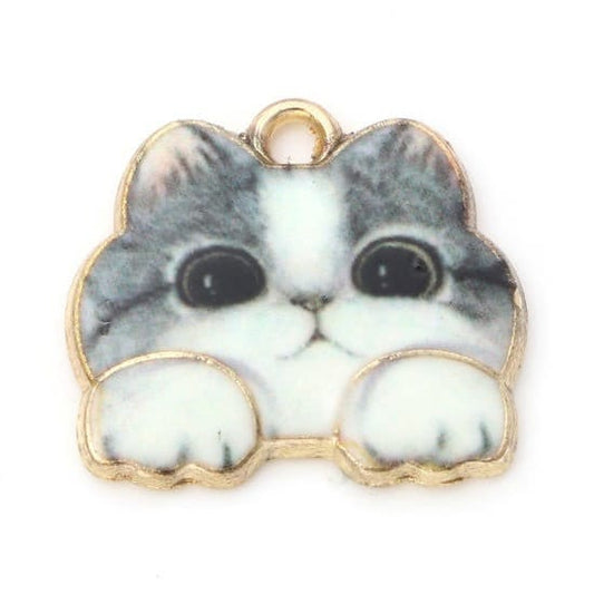 Tabby cat face charm, gray with white paws enamel cat , gold plated charm lot, large face charm