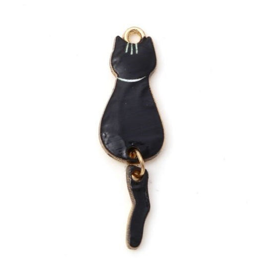 Black cat with moveable tail dangle charm , enamel cat solid black halloween cat with gold plated back