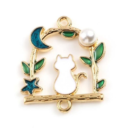 Celestial cat charm, enamel cat on a branch with leaves and pearl accents, large gold plated connector charm