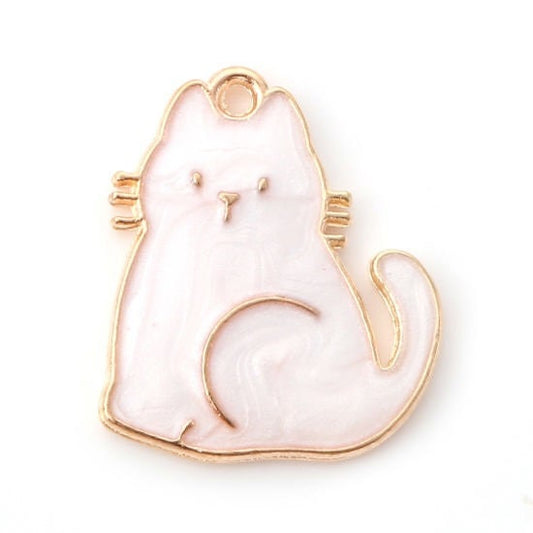 white cat charm, enamel pendant charm gold plated accent charms, pearly white shade