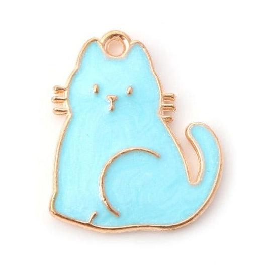 Blue cat charm, enamel pendant charm gold plated accent charms, pearly blue