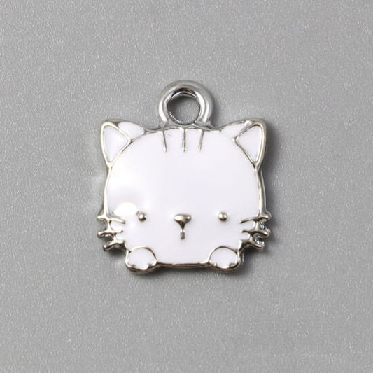 White cat charm, silver back enamel charm, has delicate faint silver features