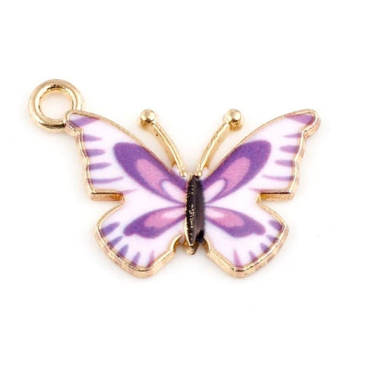 Purple Butterfly charm, enamel gold plated charm in light and dark purple center, small charm, good for earrings or pendant