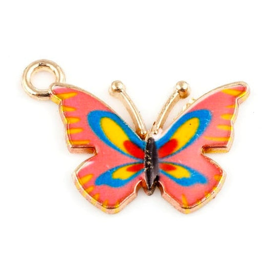 Butterfly charm, enamel gold plated charm in orange pink shade with blue accent, small charm, good for earrings or pendant