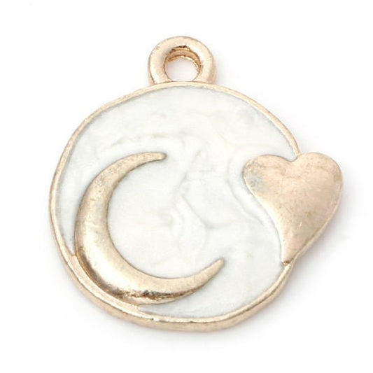 Galaxy moon charm, enamel swirled with heart gold plated charm, pearly enamel