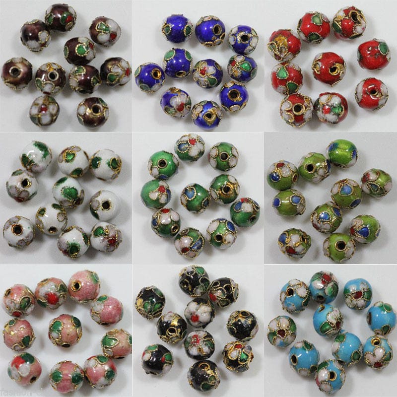 Cloisonné enamel beads  ,  6mm metal beads with raised pattern, floral design with gold trim border, assorted mix or choose single colors