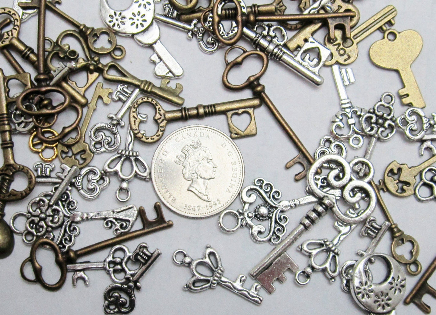 Key Charms, fancy assorted keys in brass, silver and gold tones bulk mix