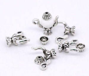 Silver teapot bead cap , fancy Genie style 3D charm with top and bottom, two piece sets