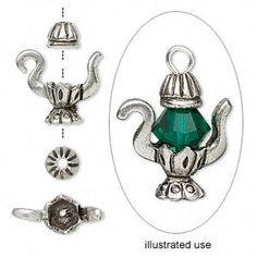 Silver teapot bead cap , fancy Genie style 3D charm with top and bottom, two piece sets