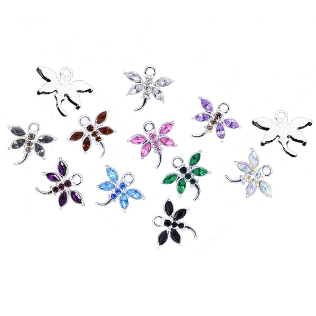 Dragonfly charms, glass rhinestone  dragonflies with silver back, assorted color charms