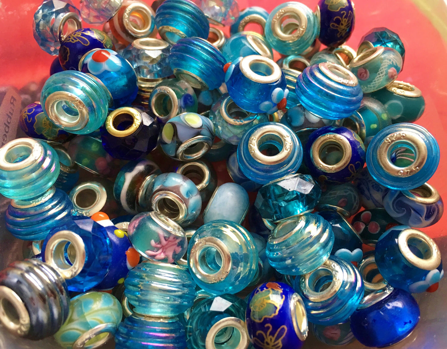 Glass European beads, bulk euro big hole beads, assorted blue shades mix