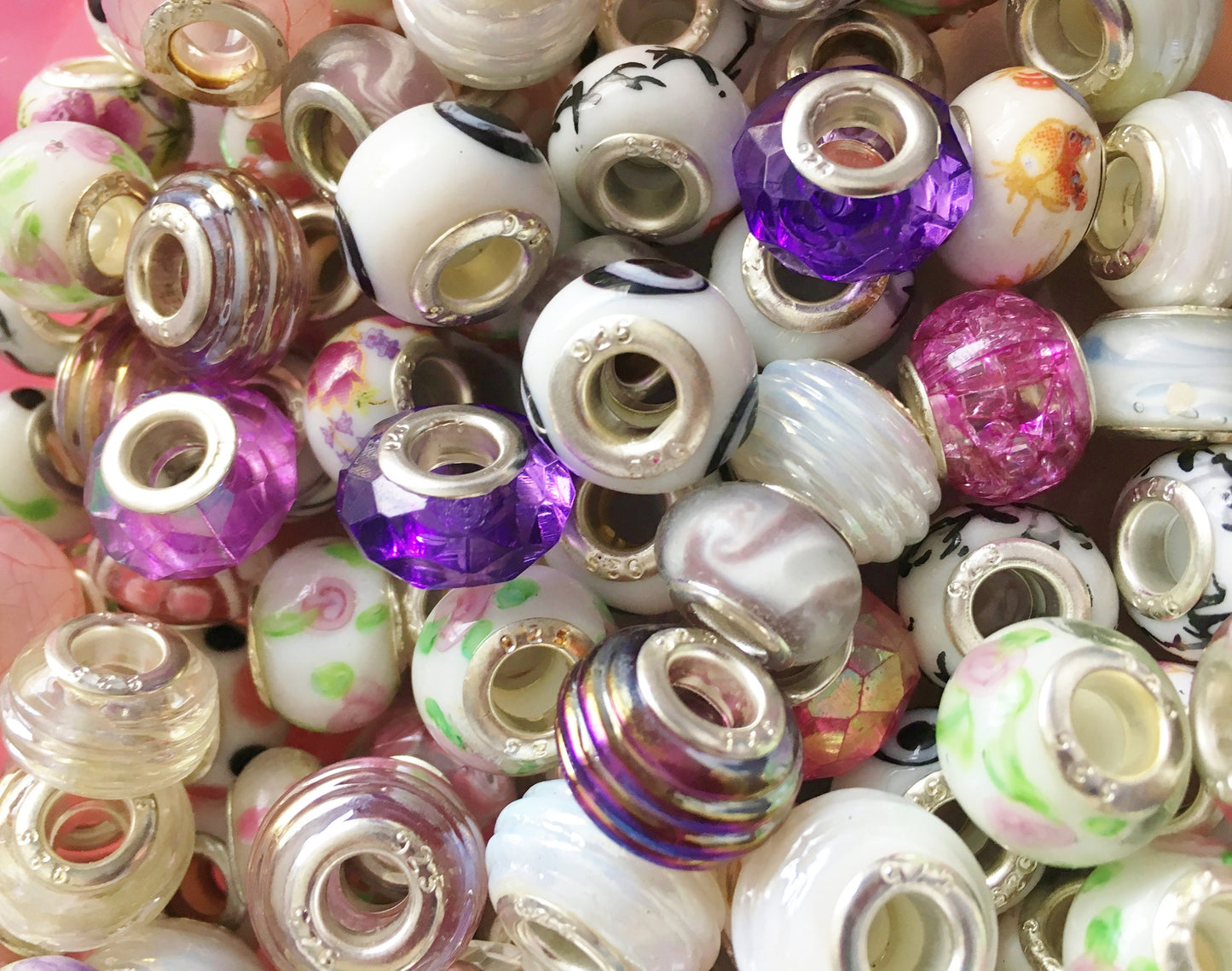 European Glass beads,  big hole beads , assorted white and pink shades