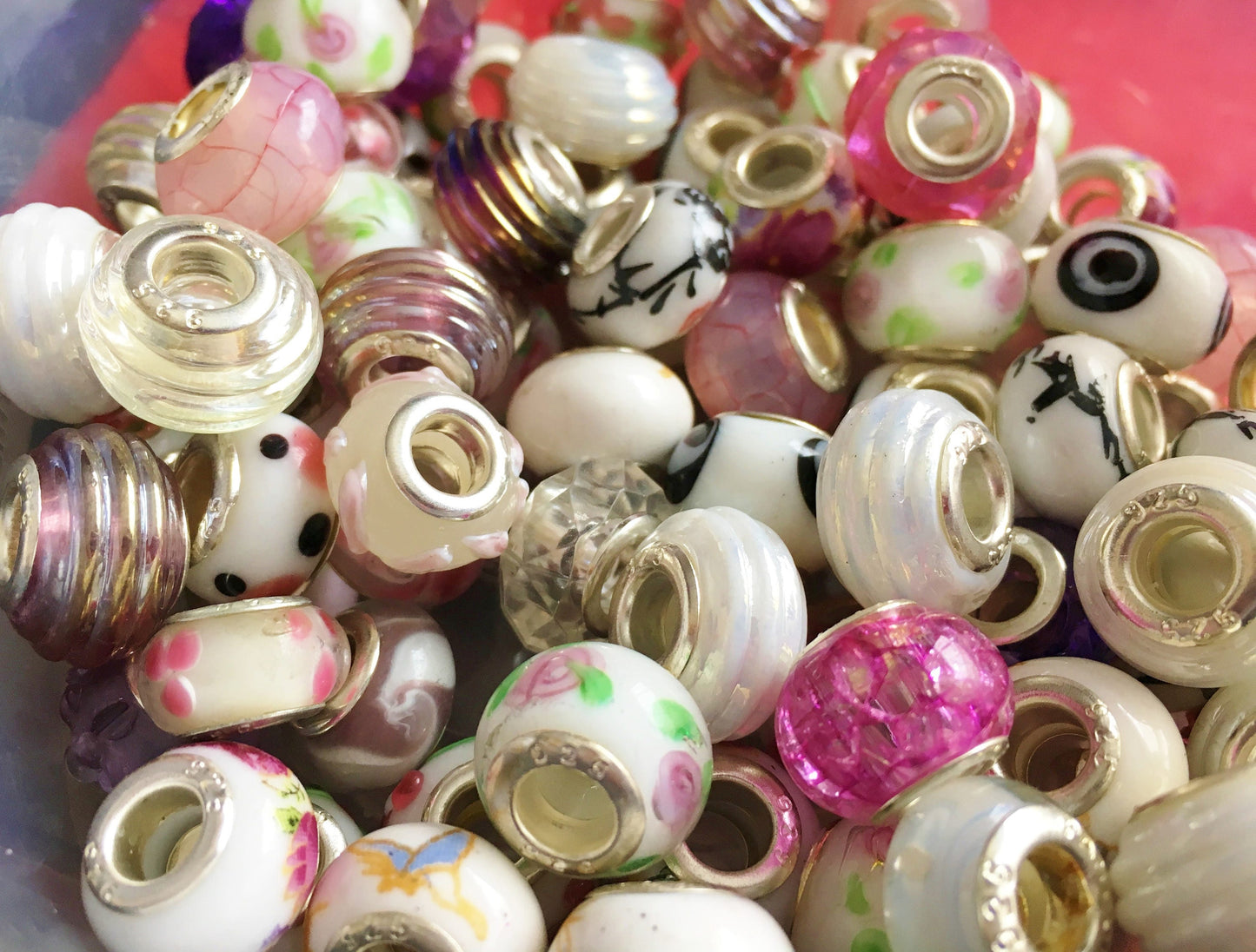 European Glass beads,  big hole beads , assorted white and pink shades