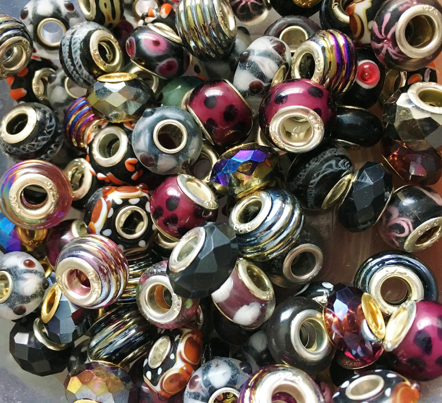 Glass beads, Bulk Euro mix of big hole beads, assorted colors of blacks and purples