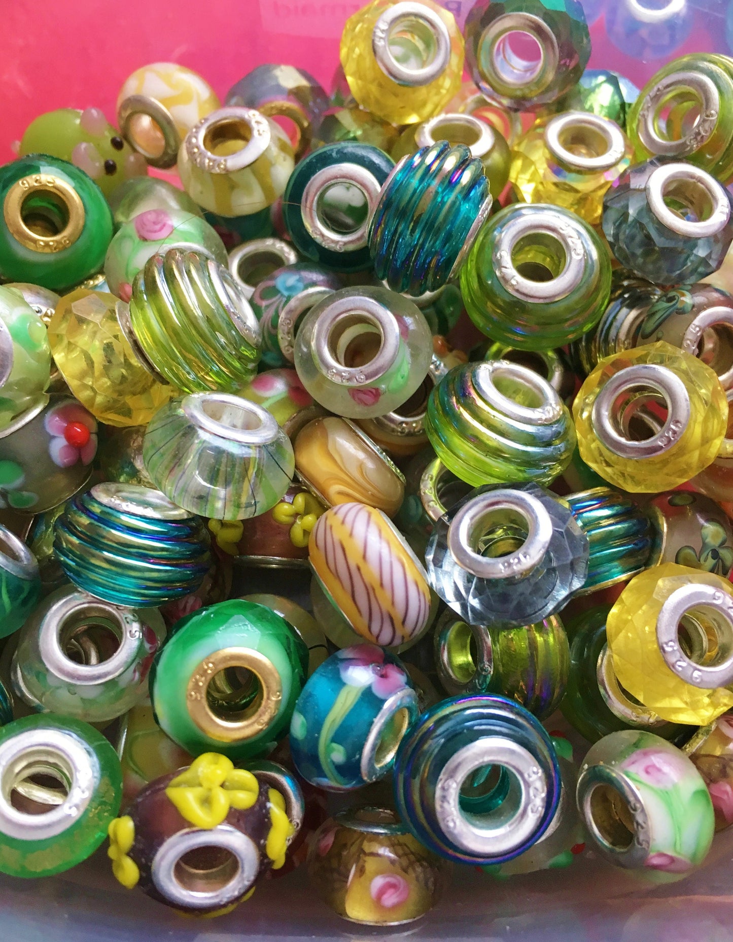 Glass beads European bead s, big hole euro beads, assorted shades of greens and yellows