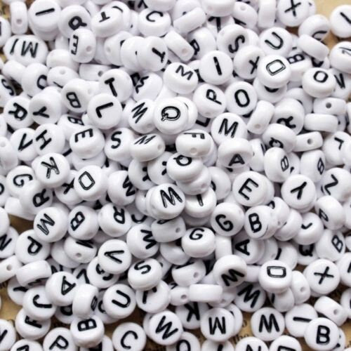 White Alphabet beads, whit and black letter Round Acrylic 7mm Initial bead, choose bulk or single letters