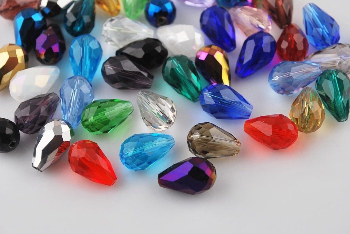 Glass faceted teardrop beads, drop beads 12x8mm in assorted colors in clear, opaque and coated styles