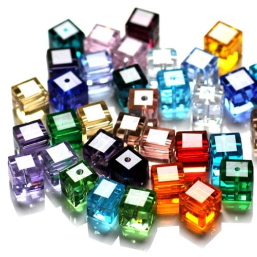 Cube faceted Crystal Glass , assorted square bead mix 6mm,  mixed colors