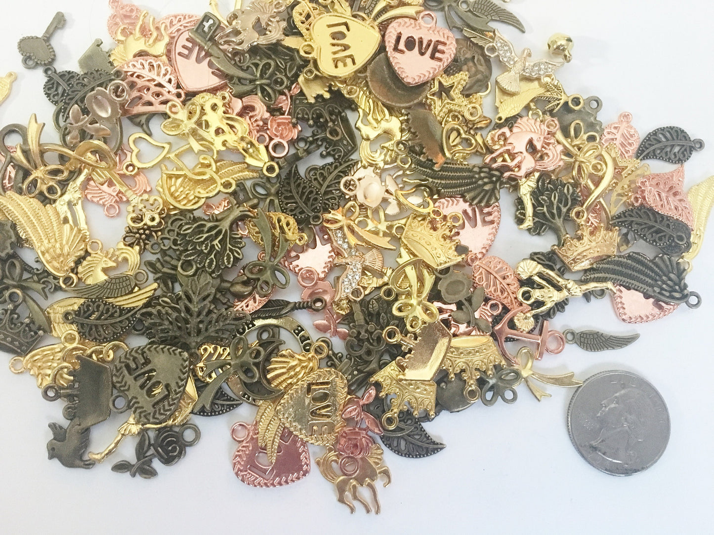 Bulk charm mix, assorted Gold bronze or Rose gold charms, assorted sizes and styles