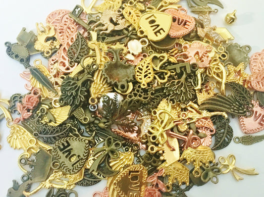 Bulk charm mix, assorted Gold bronze or Rose gold charms, assorted sizes and styles