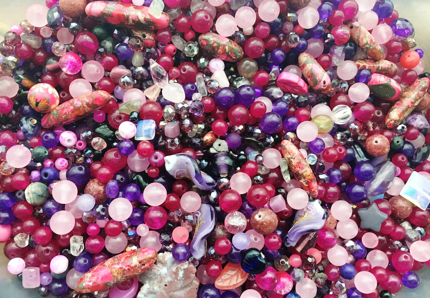 Pink bead soup, assorted glass with pink, purple and red bead mix of beads