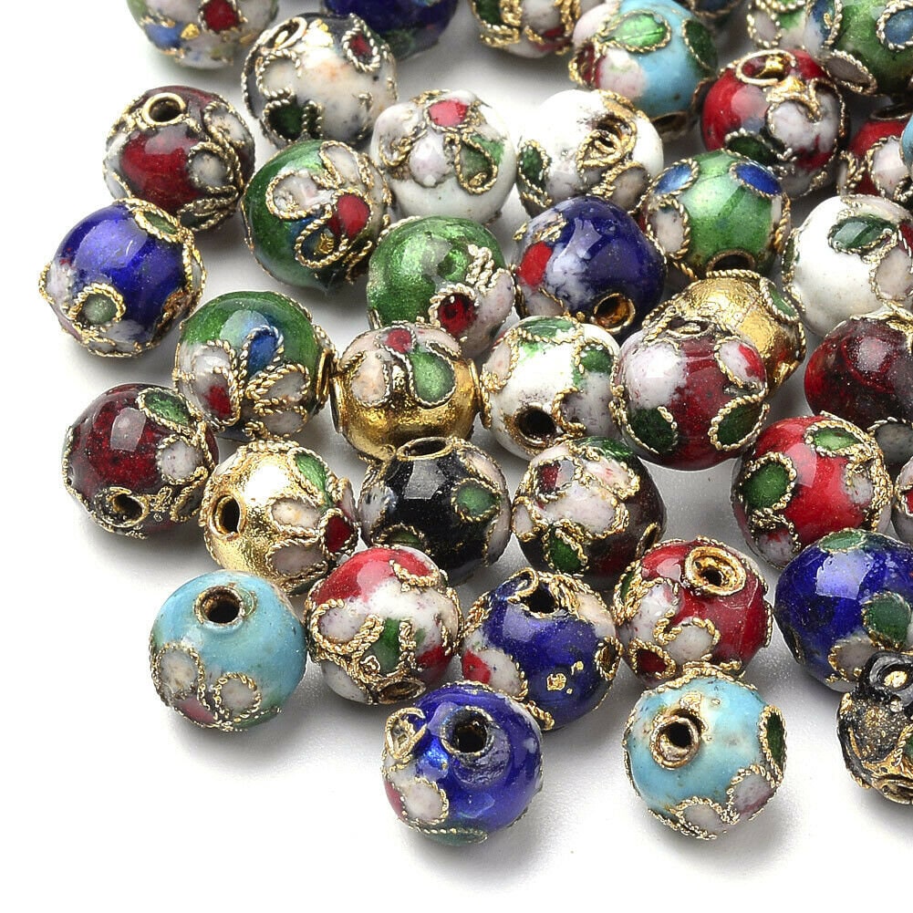 Cloisonné enamel beads  ,  6mm metal beads with raised pattern, floral design with gold trim border, assorted mix or choose single colors