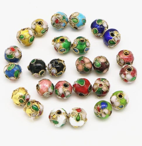 Cloisonné enamel beads  , 8mm metal beads with raised pattern, floral design with gold trim border, assorted mix or choose single colors