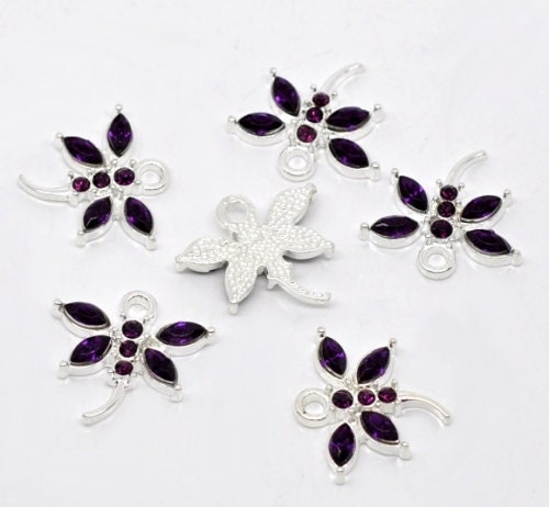 Dragonfly charms, glass rhinestone  dragonflies with silver back, assorted color charms