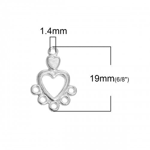 Heart cutout connector charm, Silver plated 5 hoop heart finding