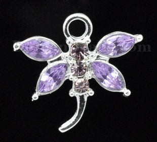 Dragonfly charms, glass rhinestone  dragonflies with silver back, assorted color charms