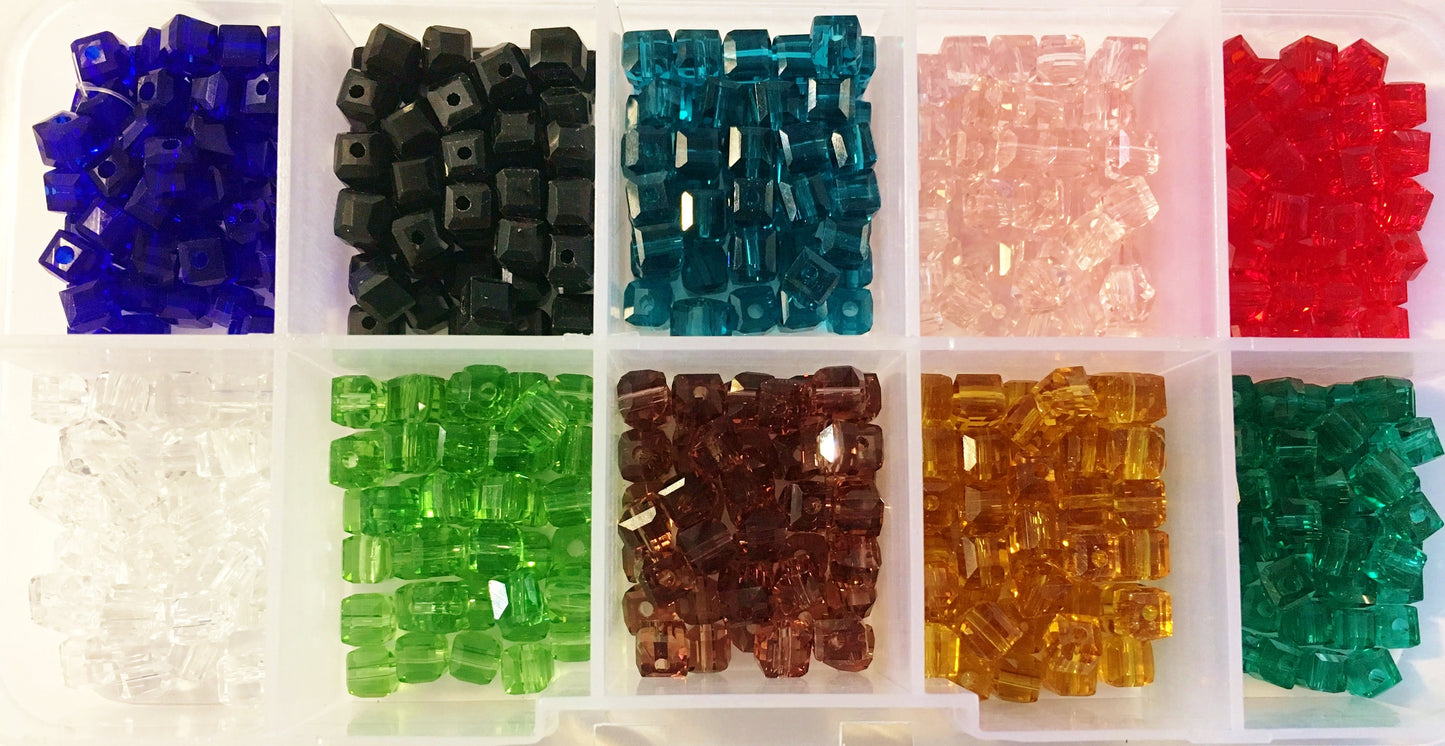 Cube faceted Crystal Glass , assorted square bead mix 6mm,  mixed colors